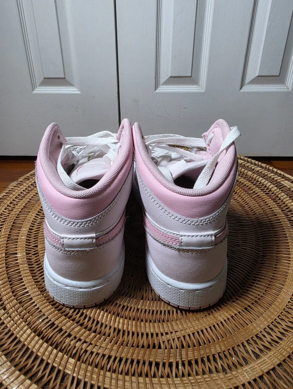 Jordan AJ 1 Mid Big Girls Size 4.5 Pink and White High Top Sneakers
